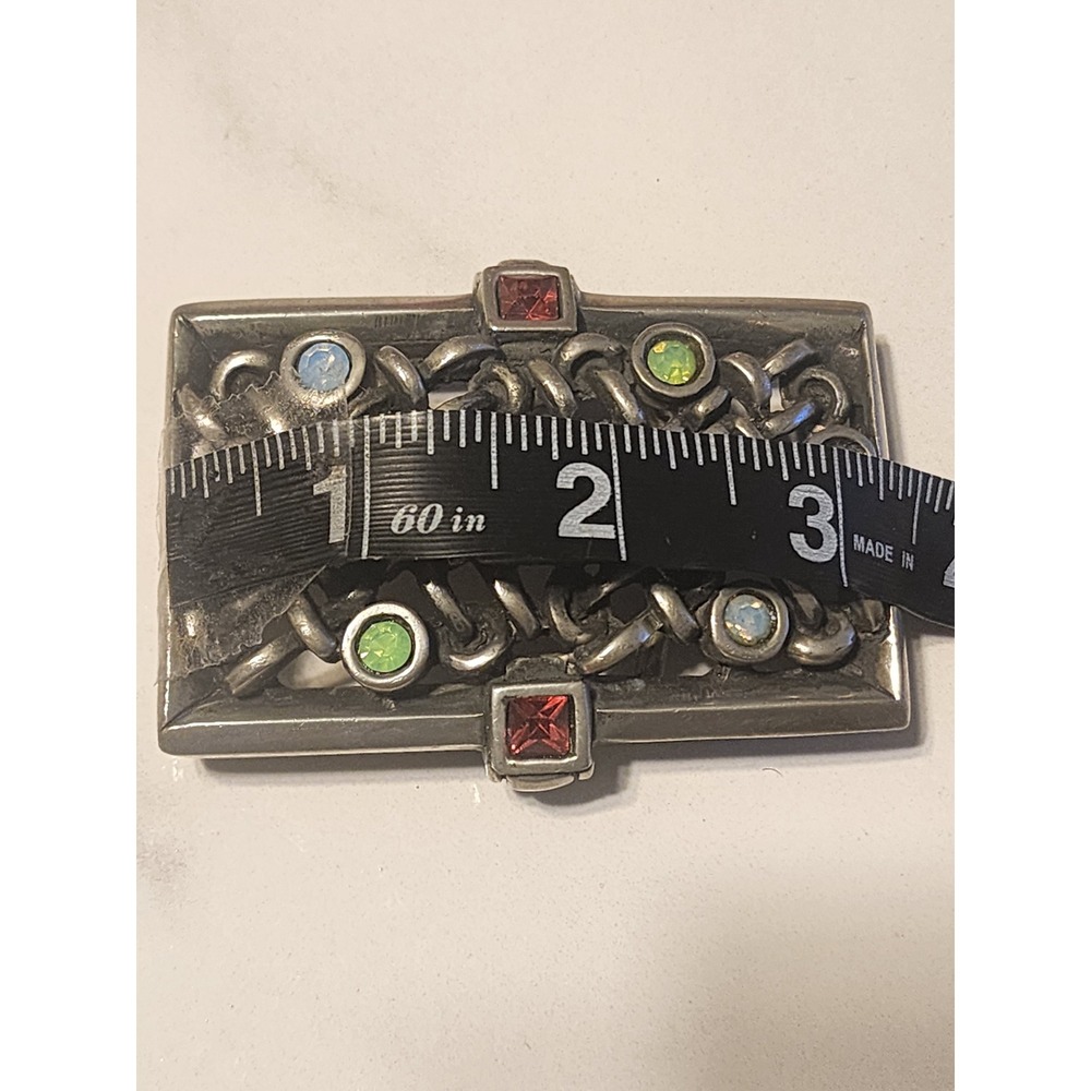 Vintage Belt Buckle Silver Tone Multi Color Crystal Interwoven  Metalwork - Picture 2 of 6